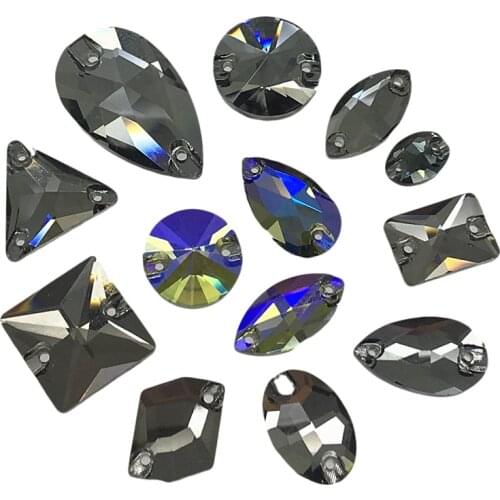 TopStone Black Diamond Glass Crystal Sew On Stone Drop Round Rectangle Square Grey Glass Rhinestones For Clothing bags