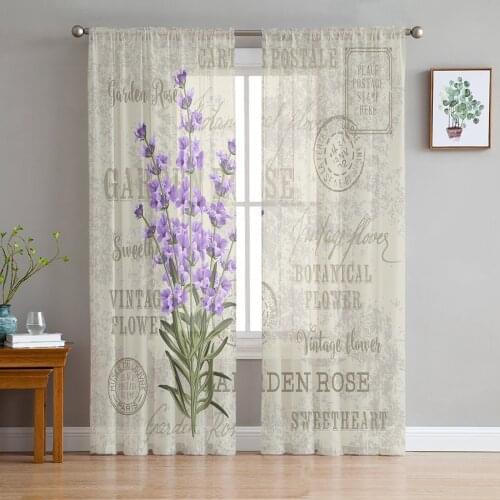 Lavender Purple Flowers Leaves Retro Tulle Sheer Window Curtains for Living Room Kitchen Children Bedroom Voile Hanging Curtain
