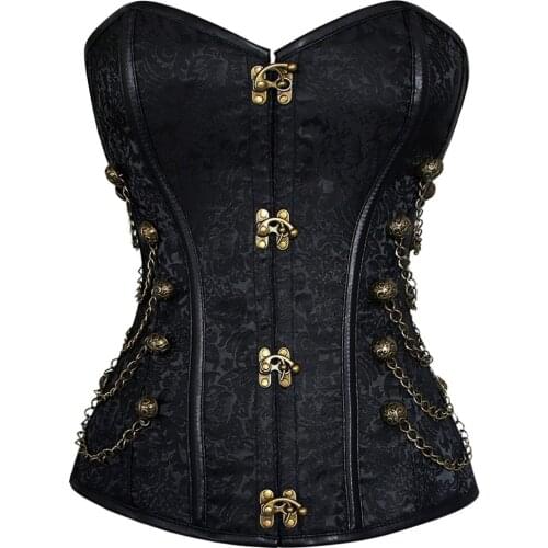 Womens Spiral Steel Boned Steampunk Gothic Bustier Corset with Chains Plus Size Faux Leather Corset Overbust Heavy Corset Top