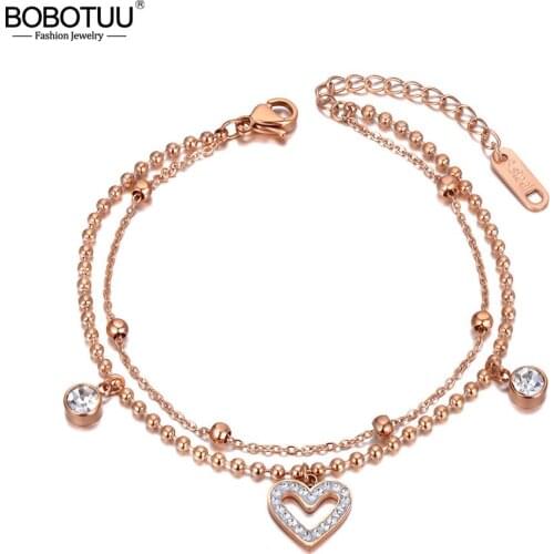 BOBOTUU Stainless Steel CZ Crystal Chain & Link Bracelets For Women Double Layer Bohemia Heart Charm Bracelet pulseras BB20158