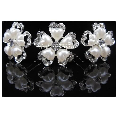 30 Pcs Women Hair Pins Bridal Wedding Crystal Pearl Diamante White Heart Hair Clip Free Shipping