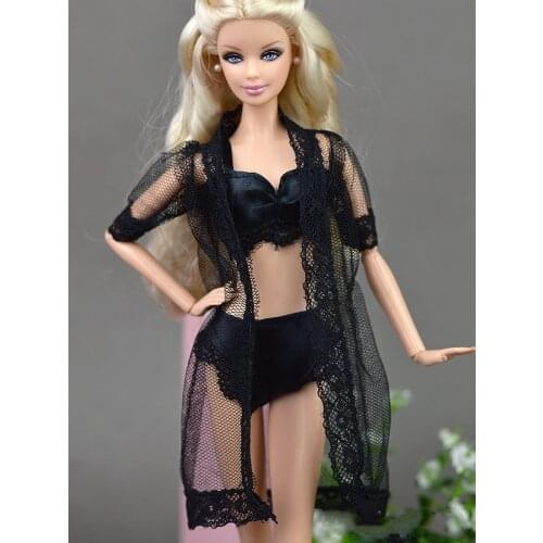 Doll Accessories Black Sexy Pajamas Lingerie Nightwear Lace Long Coat Night Wear + Bra + Underwear Clothes For Barbie Doll