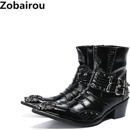 Botas masculina steel toe black genuine leather chelsea boots military belt ankle boots for men pointed toe dress wedding shoe
