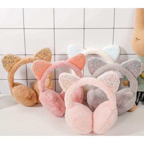 5 color Child Cute Cat Ears Winter Outdoor Warm Earmuffs Cute Cat Ear Plush Earmuffs Shiny Sequin Soft Earflaps Headband for Kid