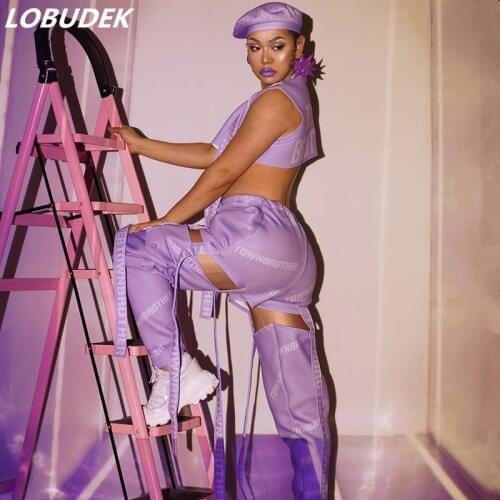 Men Women Hip Hop Dance Group Jazz Rock Performance Costume Purple Letter Pattern Sexy Hollow Tooling Set Stage Wear Bar Clothes
