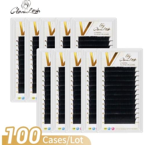 GLAMLASH 100 Cases/lot 0.20 V Shape Flat Eyelash Extensions Individual Mink Softer Ellipse Lash Split Tips Premade Volume