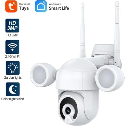 Tuya 3MP Floodlight Courtyard Lighting Camera Smart PTZ Outdoor WiFi IP IR IP66 Waterproof Home Garden CCTV Security Camera