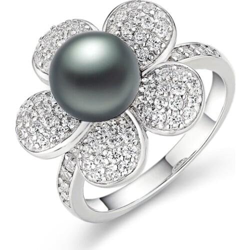 LAYA 925 Sterling Silver Fashion Zircon Black Shell Pearl Ring For Womens Wedding Birthday Party High Quality Flower Jewelry
