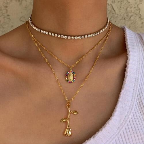 Virgin Mary Portrait Flower Long Chain Pendant Necklaces For Women Crystal Tennis Chain Necklace Romantic Wedding Jewelry Couple