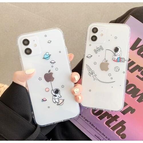 Cartoon Cute Astronaut Planet Phone Case for iPhone 12 11 Pro XR X XS Max 7 8 Plus Soft TPU Clear Stars Silicone Back Cover