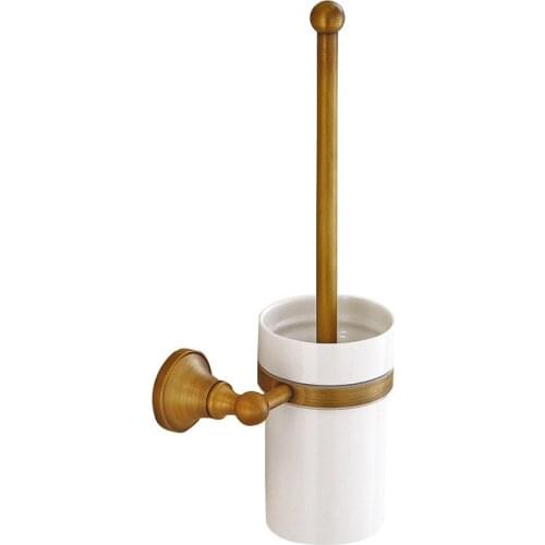 Toilet Brush Holder Wall Mounted Copper Toilet Brush Rack Ceramic Cup Round Base Antique Brush Holder Bathroom Hardware