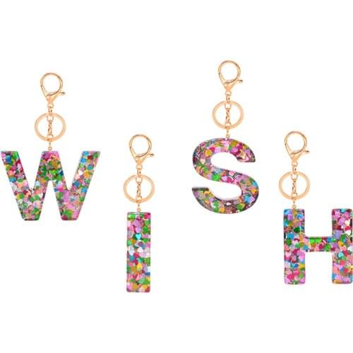 New Fashion A-Z Letters Initial Keychains Colorful Sequins Resin Keychain English Alphabet Keyring Handbag Hanging Pendant