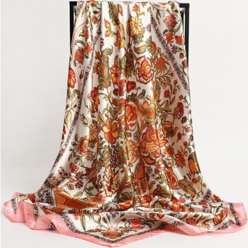 2021 Fashion Silk Scarf for Women Headscarf Lady Neckerchief Square Hijab Flower Print Hair Band Female Pashmina Bandana New