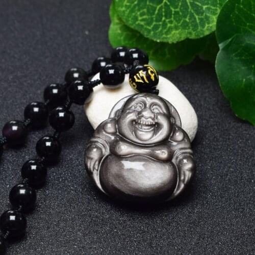 Natural gray obsidian Buddha pendant for men women obsidian pendants necklaces with beads chain