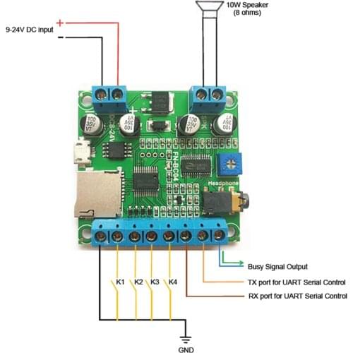 Industrial UART Serial MP3 Player 4 Key Control MP3 Sound Board with Class D 10Watts Amplifier
