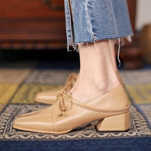 QPLYXCO Women Shoes 2021 Elegant Square Toe Genuine Leather Dress Med Heel High Quality Wedding Party ladies dress shoes H116