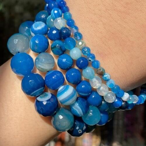 Blue Natural Stone Faceted Agates Beads Striped Round Loose Beads For Jewelry Making Diy Bracelet Charms Accessories 4-12mm 15