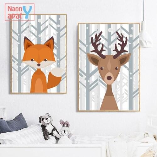 Nordic Cartoon Animals Forest Canvas Poster Minimalist Painting Jungle Animal Wall Art Print Pictures Kids Room Decoration