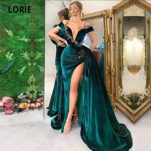 LORIE Dubai Evening Dress O-Neck Sheer Illusion Neckline Gold Green High Side Velvet Mermaid Arabic Prom Party Gown abendkleider