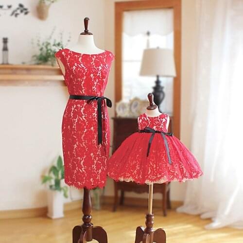 2019 Family Look Mother and Daughter Dresses Party Evening Red Lace Birthday Dresses Mommy and Daughter Matching Clothes