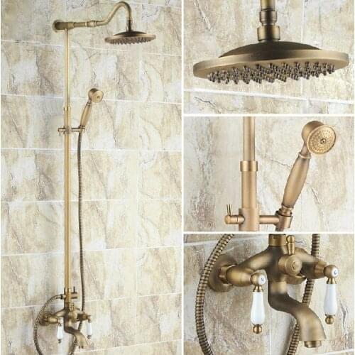 Vintage Antique Brass Dual Ceramic Handles Bathroom 8 Inch Round Rain Shower Faucet Set Bath Tub Mixer Taps Hand Shower mrs245