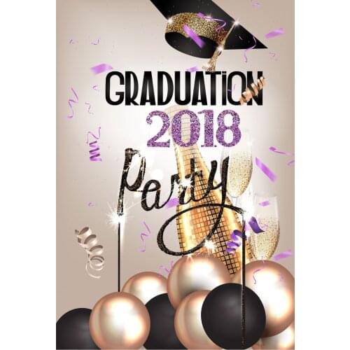 VinylBDS Graduation Party Background Bachelor Cap And Champagne Celebration Photo Balloons Ribbon Glitter Backdrop for Studio
