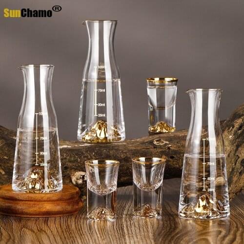 Top Grade Golden Mountain Liquor Shot Glass Wine Decanter Crystal Vodka White Spirit Gold Foil Dispenser Small Cups Wineglass