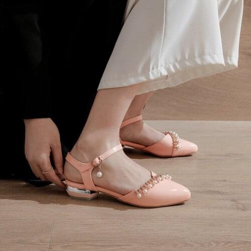 YQBTDL Fashion Closed Pointed Toe Crystal Bead Mirror Pink White Party Wedding Shoes Chunky Low Heels Womens Sandals Large Size