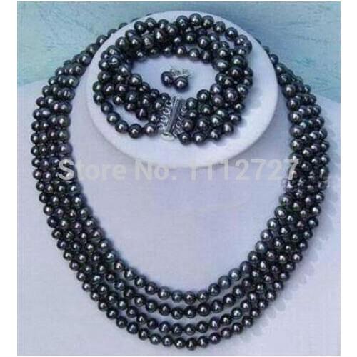Jewelry set Hot new fashion Noblest 4rows 6-7mm black pearl necklace bracelet earring Beads Natural Stone BV172 Wholesale Price