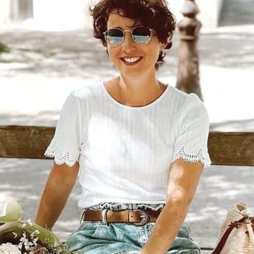 Cleo Lace T shirt Women Round Collar Short Sleeve Patchwork Ruffles Elegant T Shirts Summer Autumn Chic Vintage White Tees Tunic