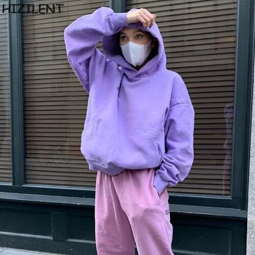 Y2K purple Women OverSized hoodie Harajuku Korean Kawaii long-sleeved hooded coat basic solid color retro shirt student girl top