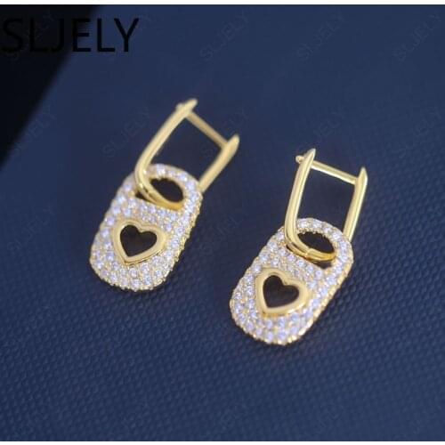 SLJELY Fashion S925 Sterling Silver Paved Zirconia Heart Can Ring Pull Tap Earrings Women August New Design Monaco Brand Jewelry