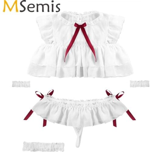 Women Ladies Cute Naughty Maid Pajamas Sexy Ruffled Chiffon Lingerie Set Erotic Cosplay Servant Costume Sexy Chemise Nightwear