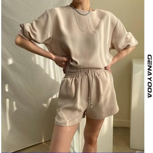 Genayooa Summer Tracksuit Women 2021 Lounge Wear Shorts Set Short Sleeve T-shirt Tops And Loose Mini Shorts Suit Two Piece Set