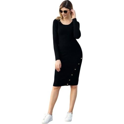 2018 Spandex O-neck Limited Pullover Sweater Women Jumper New Knitting Neck Long Sleeve Skirt Decoration Buckle Sweater Dress