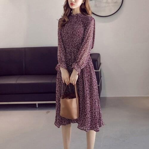 U-SWEAR Bohemian Chiffon Dress Autumn Loose Pleated Dresses Women A-line Flower Print Floral Dot Female Vestidos Plus Size