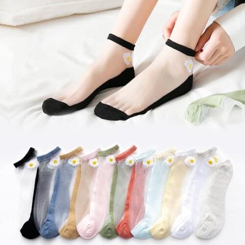 10 Piece=5 Pairs Ultra-thin Transparent Fiber Silk Socks Women Cute Daisy Flower Funny Sox For Girs Ladies Breathable Wholesale