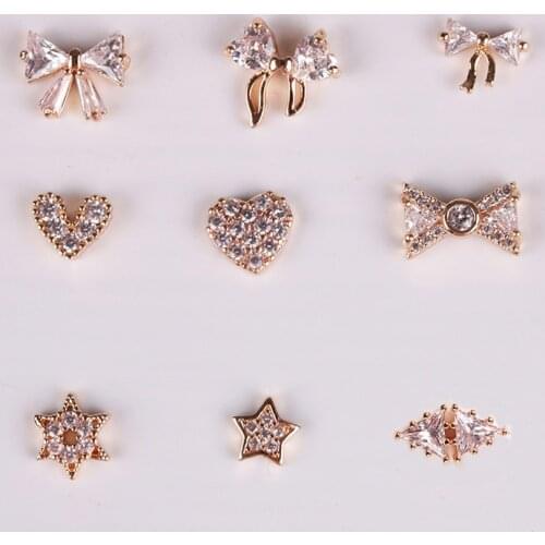 Gold Alloy 3d Nail Art Decorations for Rhinestone Nail Jewelry Charms Bow Tie Heart Pattern Nail Design 10pcs 2018 ER003