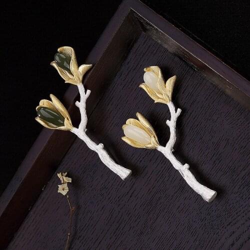 925 Sterling Silver Brooch Jewelry Luxury Jade Brooches For Women Pins Magnolia Denudata Gold Plated Pendant Dual Purpose Gift