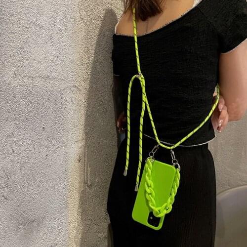 Cool Fluorescent Green Jelly Soft Phone Case For iPhone 11 12 Pro Max MiNi XR X XS Max 7 8 Plus SE2 Cross Body Strap Lanyard Cov