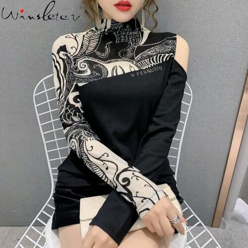 Spring Fall T-Shirt Sexy Off Shoulder Diamonds Letter Patchwork Print Women Tops Bottoming Shirt Casual Long Sleeve Tees T16310A