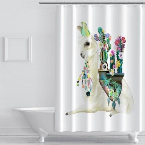 Oil Painting Cartoon Alpaca Dolphin Scenery Lake Sunrise Mountains White Cloud Shower Curtain Waterproof and Mildew Proof