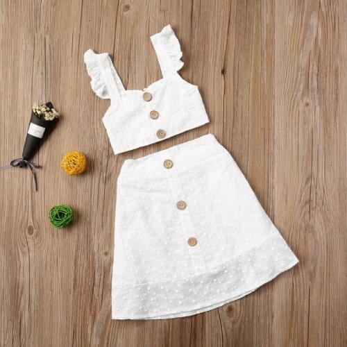 Summer Kids Two Piece Suit Set Kids Girls Solid Color Sleeveless Button Fahion Short Top+ High Waist Skirt