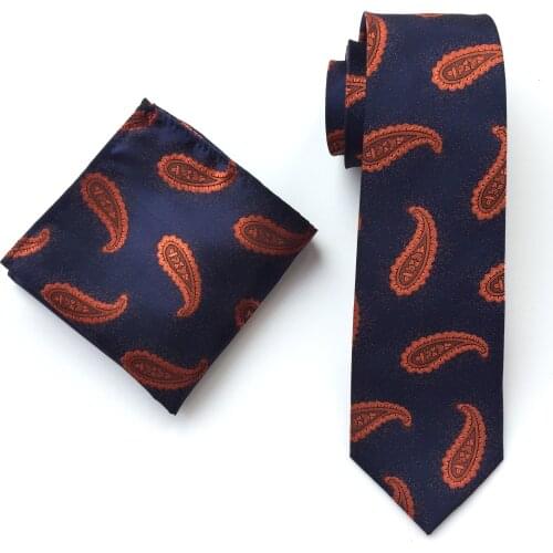 Fashion Mens Necktie Set Navy Blue with Orange Paisley Pattern Cravat Sets