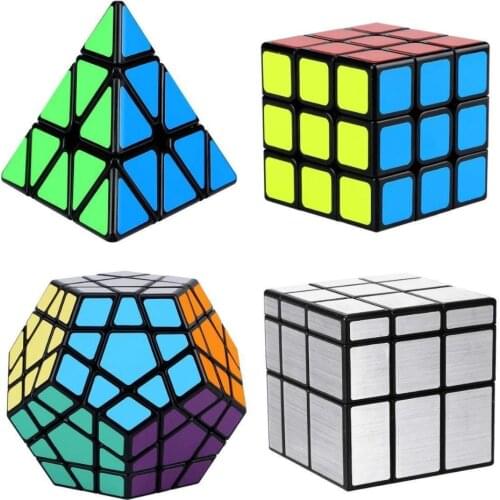 4 Pack Magic Cube Set Bundle 3x3x3 Pyramid Megaminx and Mirror Cube Speed Puzzle Twist Ultra-Smooth Brain Teaser Toy Contest