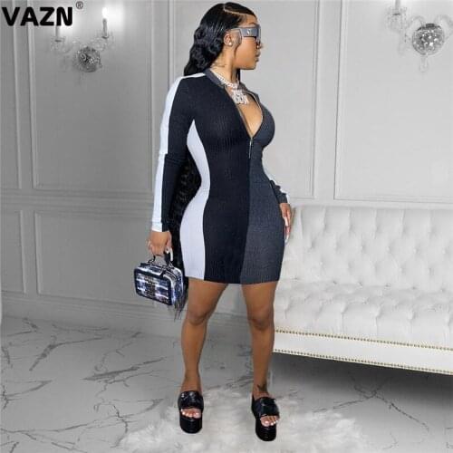 VAZN 2020 Autumn New Daily Plus Size High Quality Patchwork Sexy Regular Style Full Sleeve Free Women Thin Mini Dress