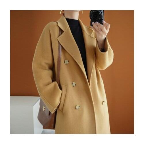 Autumn and winter new high-end camel double breasted double-sided cashmere coat womens medium and long 100 pure wool tweed coat