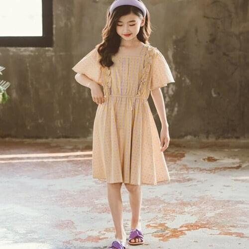 4 To 15 Years Big Girl Dress 2021 Summer Casual Short Sleeves Kids Children Girls Princess Dresses Yellow Plaid Party Clothing