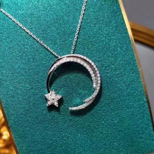 QTT 925 Sterling Silver Star Necklace for Women Shining Bling AAA Zircon Moon Clavicle Chain Charm Wedding Pendant Jewelry
