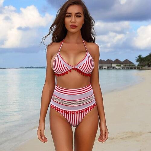 Sexy Women Two Pieces Bikini Set Plus Size High Waist Halter Bordered Tankini Swimwear Boho Insert Striped Swimsuit Beachwear XL